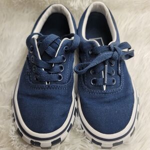 Kids Blue Canvas Vans Sneakers With Front Checkered Sole.